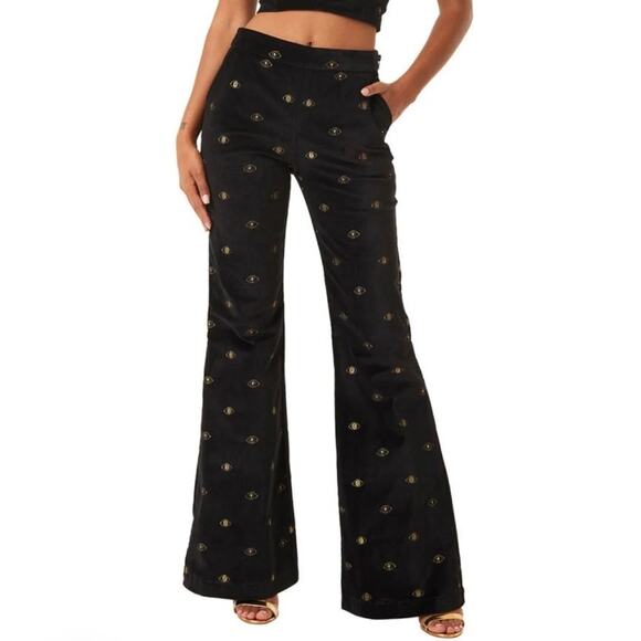 Misa Los Angeles Velvet Embroidered Evil Eye High Rise Pants Black Womens Size 0 - Picture 1 of 10